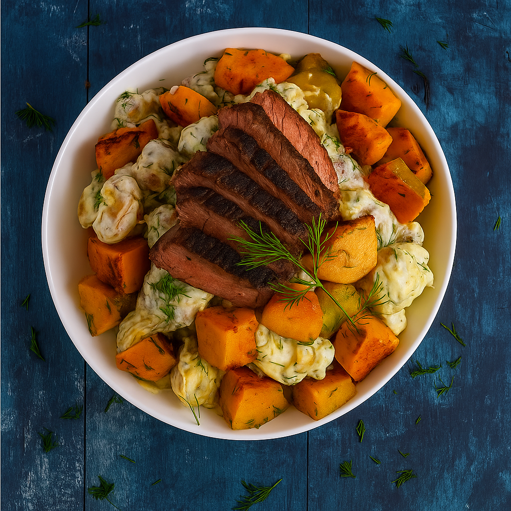 Steak, Potato and Pumpkin Salad with Mustard Pickle Cream